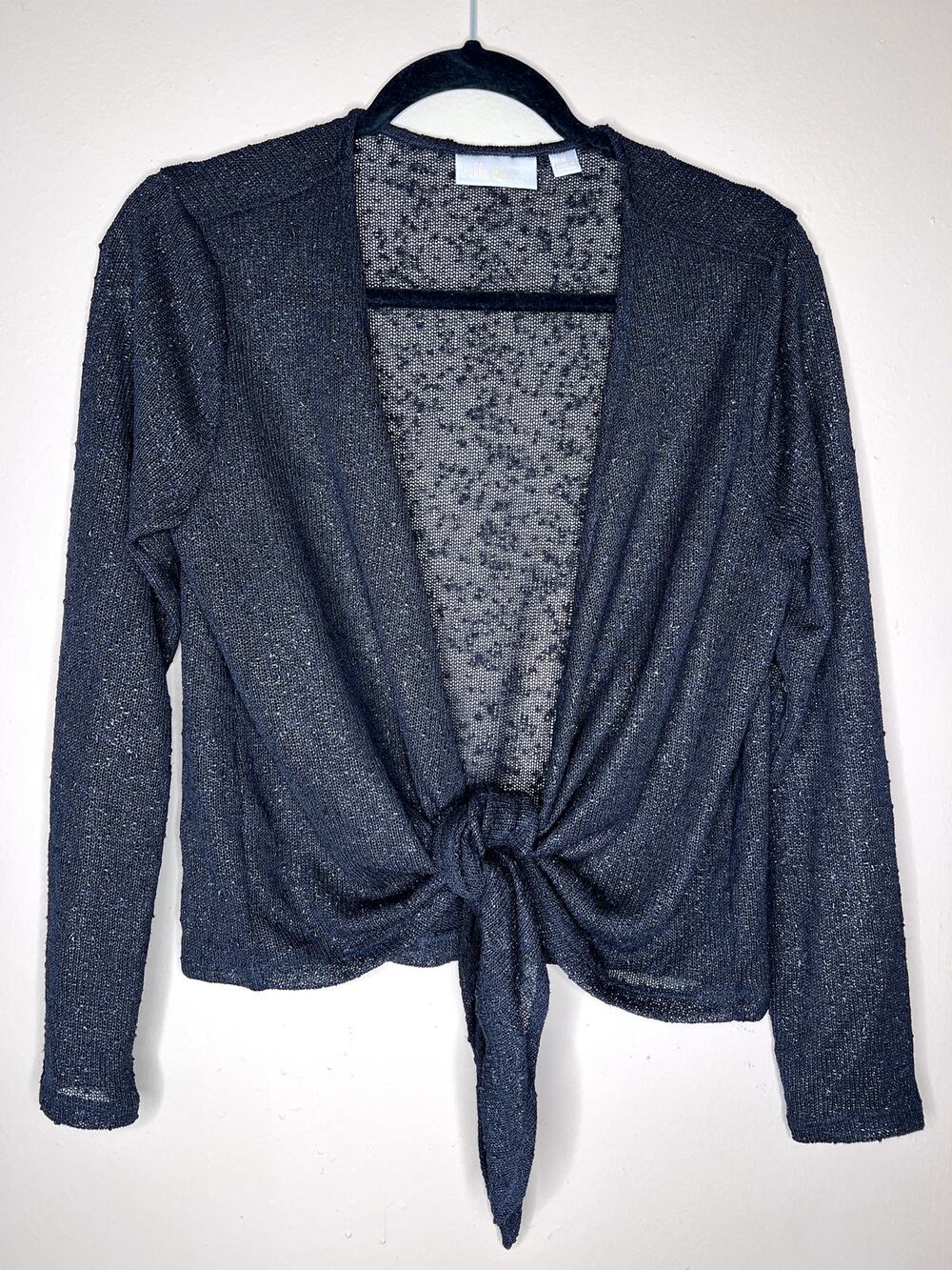 Belle by Kim Gravel Charcoal Sparkle Open Front Tie Cardigan Sweater Small S